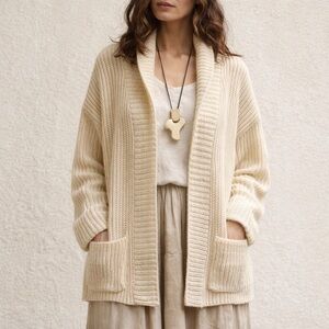 Vintage LeRoy Knitwear Cream Chunky Open Cardigan Shawl Collar USA